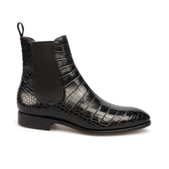 Men's High-Top Black Pointed Toe Crocodile Pattern Martin Boots