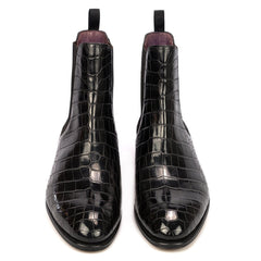 Men's High-Top Black Pointed Toe Crocodile Pattern Martin Boots