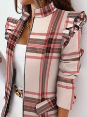 Plaid Ruffle Trim Zip Up Jacket