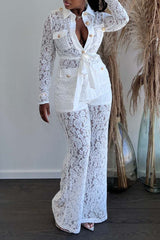 Solid Patchwork Turndown Collar Long Sleeve Two Pieces