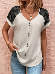 Print Lace Buttons V Neck T-Shirts
