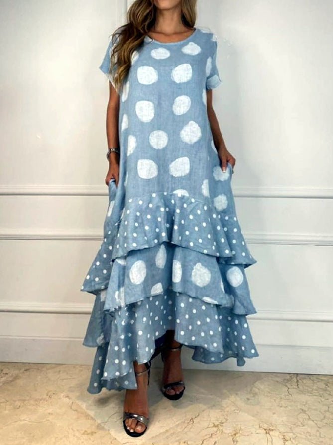 Cotton Casual Dot Flounce Round Neck Raphaella Dress (10 Colors)