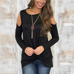 Open Shoulder Asymmetric Hem Plain T-Shirts