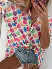 Point print Fastener Lapel Long sleeve Women Blouses