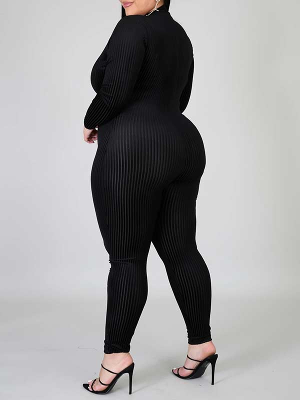 Women Plus Size Black V Neck Long Sleeve Casual Jumpsuits