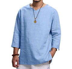 V-neck Cotton Linen Loose Fitting Long Sleeved Shirt