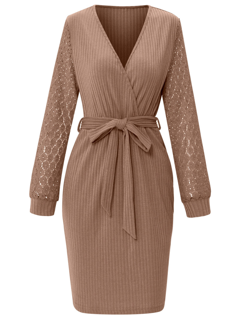 Casual Slim Knit Dress V-neck Lantern Sleeve Hip Sweater Skirt Medium Long