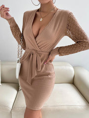 Casual Slim Knit Dress V-neck Lantern Sleeve Hip Sweater Skirt Medium Long