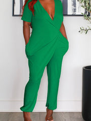 Deep V Neck Solid Color Short Sleeve Jumpsuit
