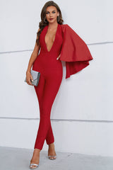 Yvette Halter Deep V Draped Bandage Jumpsuit