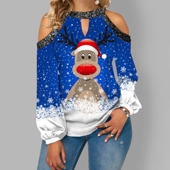 New Fashion Christmas Elk Print Sequin Off Shoulder Top Long Sleeve T-Shirt