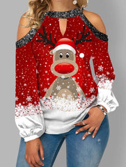 New Fashion Christmas Elk Print Sequin Off Shoulder Top Long Sleeve T-Shirt