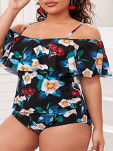 Women Plus Size Floral Print Off Shoulder One Piece Swimsuit
