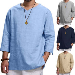 V-neck Cotton Linen Loose Fitting Long Sleeved Shirt