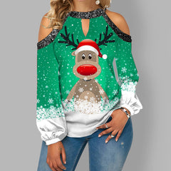 New Fashion Christmas Elk Print Sequin Off Shoulder Top Long Sleeve T-Shirt