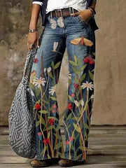 Women'S Printed Wide Leg Denim Pants