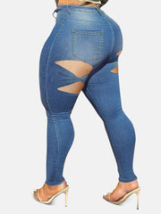 Women Plus Size Ripped Slim Denim Jeans
