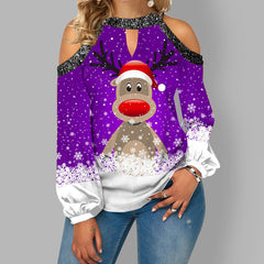 New Fashion Christmas Elk Print Sequin Off Shoulder Top Long Sleeve T-Shirt