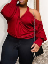 Women Plus Size Solid Color One Shoulder Long Sleeve Blouses