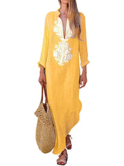 Plus Size Cotton Linen Long Sleeve Solid Loose V Neck Boho Long Dress Casual Dress Maxi Dress For Woman