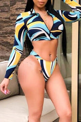 Print Zipper Long Sleeve Bikini