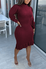 High Neck Cable Handmade Knit Ruffle Dress