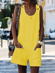 Plus size pocket button cotton and linen jumpsuits