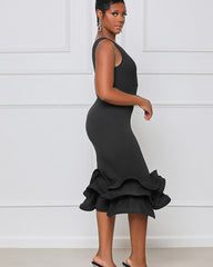 Women's Ruffled Trim Bodycon Midi Dress