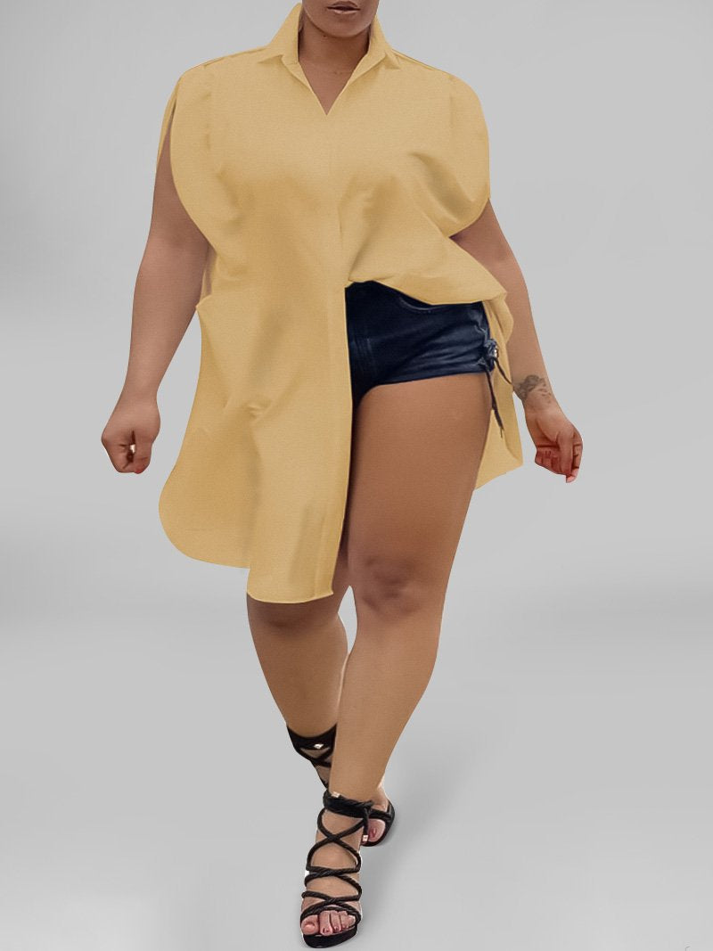 Women Plus Size Solid Color Lapel Cap Sleeve Button Street Shirts