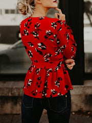Printing Sashes Deep V Neck Long Sleeves Women's Blouses