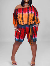 Women Plus Size Tie Dye Oblique Shoulder 3/4 Sleeve Tied Casual Rompers