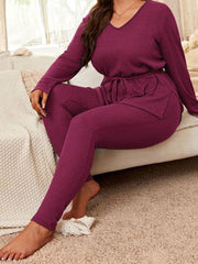 Women Plus Size Solid Color V Neck Long Sleeve Pant Sets
