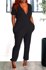 Deep V Neck Solid Color Short Sleeve Jumpsuit