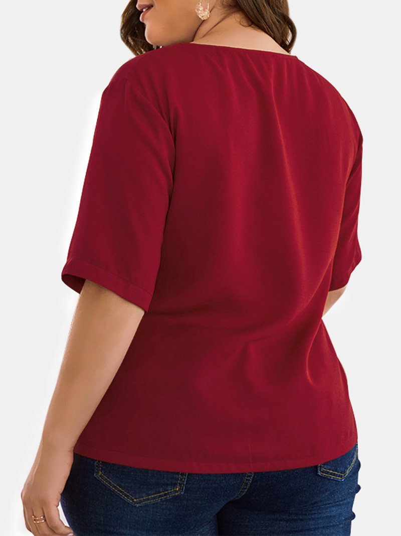 Women Plus Size Solid Colour V Neck Half Sleeve Casual Basic Tops
