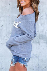 Open Shoulder Kangaroo Pocket Letters Sweatshirts