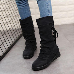 Plain Invisible High Heeled Velvet Round Toe Casual Mid Calf Flat Boots