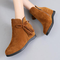 Plain Invisible High Heeled Velvet Round Toe Outdoor Ankle Boots