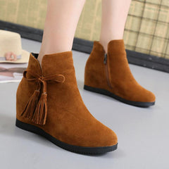 Plain Invisible High Heeled Velvet Round Toe Outdoor Ankle Boots