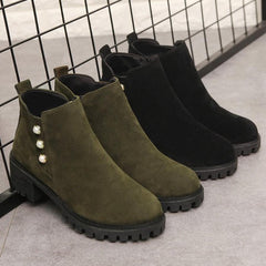 Plain Chunky Low Heeled Velvet Round Toe Date Ankle Boots