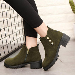 Plain Chunky Low Heeled Velvet Round Toe Date Ankle Boots