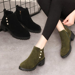 Plain Chunky Low Heeled Velvet Round Toe Date Ankle Boots