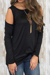 Open Shoulder Asymmetric Hem Plain T-Shirts