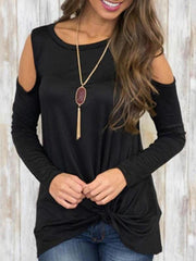 Open Shoulder Asymmetric Hem Plain T-Shirts