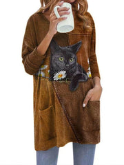 Pocket v neck women cat printed long sleeve cute T-shirts