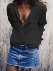 Plain Loose Casual Long Sleeve Women Pocket Blouse