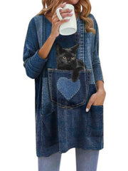 Pocket v neck women cat printed long sleeve cute T-shirts