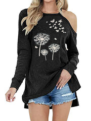One off shoulder flower printed women fashion long T-shirts tops