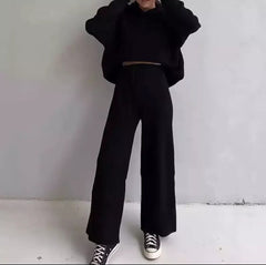 HOODED TOP & WIDE LEG FLARED PANTS SUIT