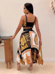 Sexy Lace-trimmed Camisole Print Tank Top And Pleated Skirt Suit