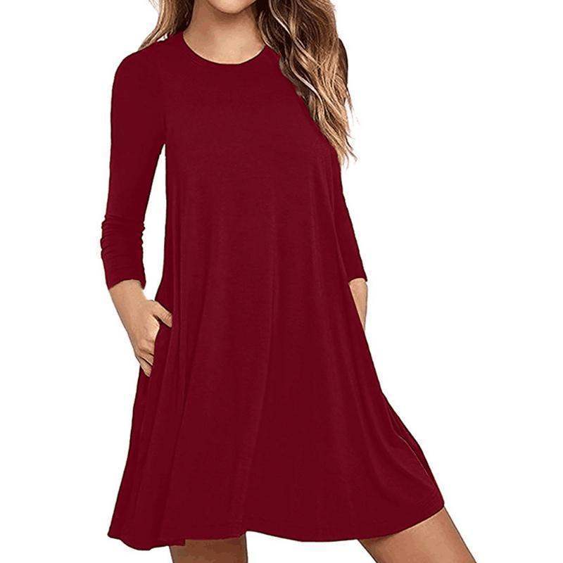 Solid Color Pocket Long Sleeve Dress